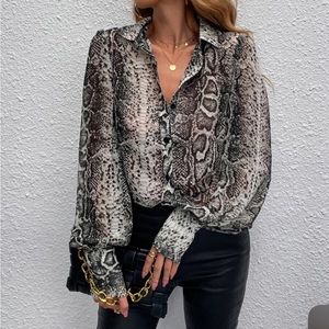 Snakeskin Print Cuffed Long Sleeve Sheer Top Blouse Button Down Shirt